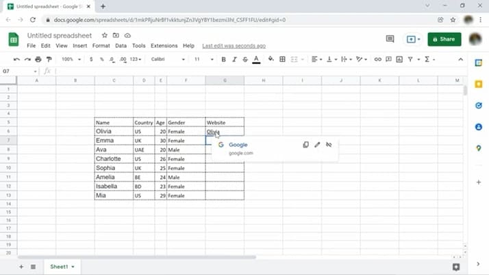 A screen shot of a spreadsheet in google docs.