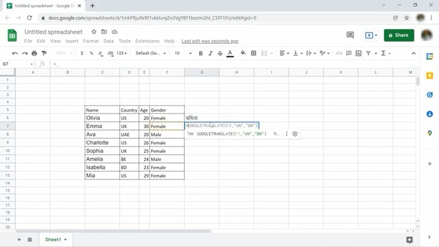 A screen shot of a spreadsheet in google docs.