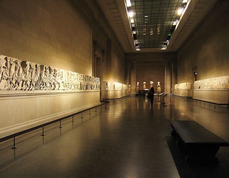 A long hallway in a museum.