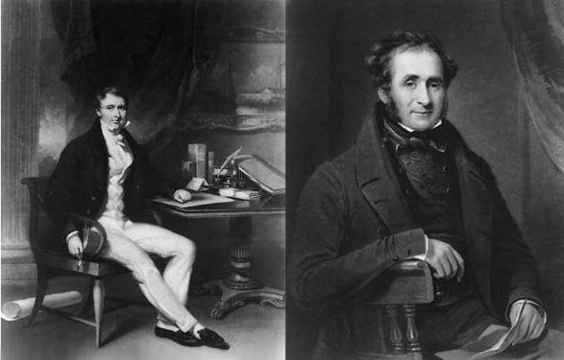 Two portraits of men sitting at a desk.