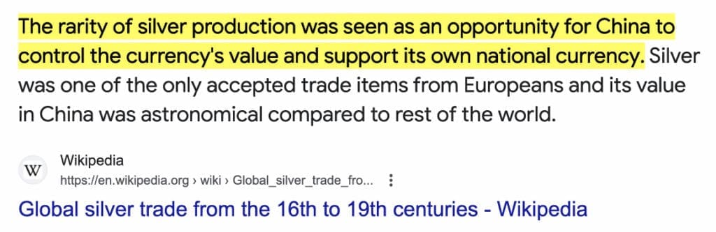 The rarity of silver production was seen as an opportunity for China to control the currency's value and support its own national currency.